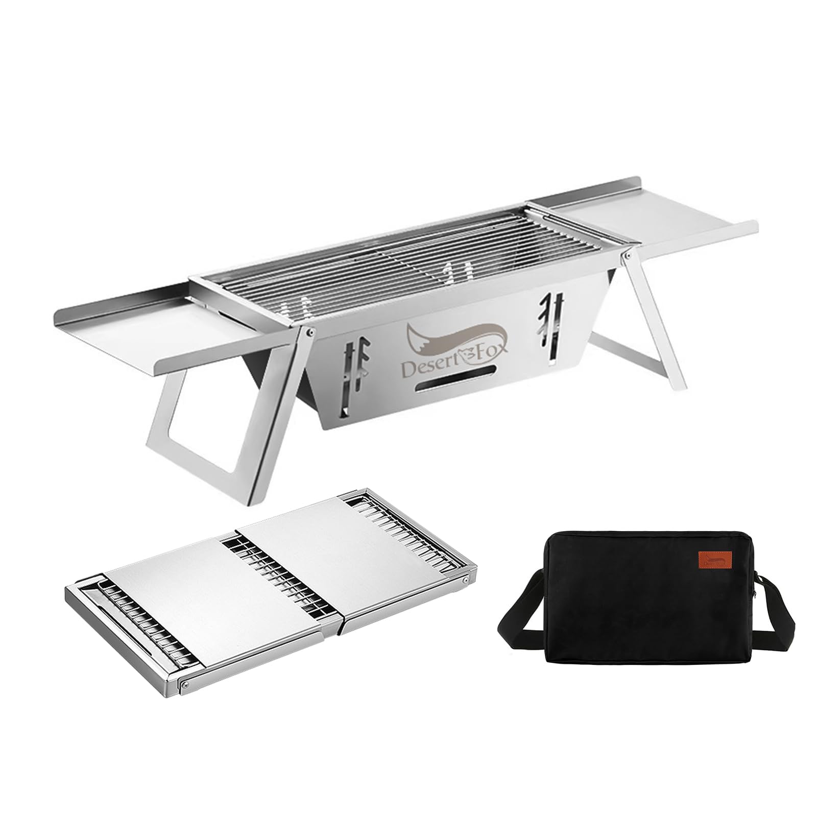 DesertFox 焚き火台 焚火台 バーベキュー コンロ コンパクト ステンレス製 2-4人用 軽量 秒速組立 折りたたみ式 1台3役 キャンプ用 高さ3段階調節可能 収納ケース付属 KJ (L)